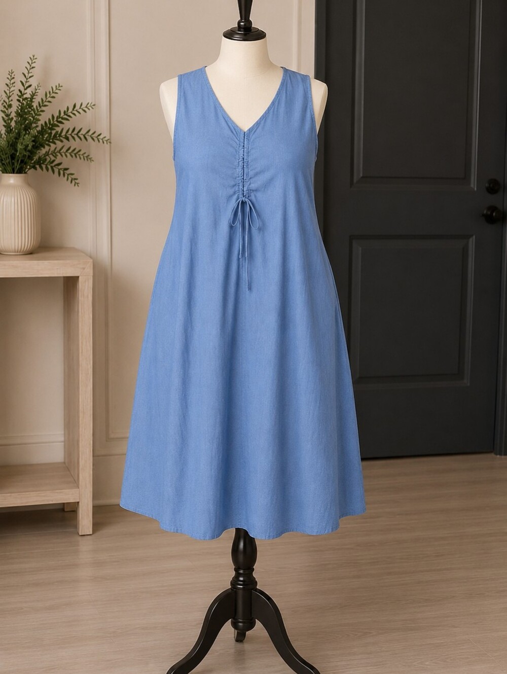 Sleeveless V-Neck Tie-Front Midi Dress in Light Blue
